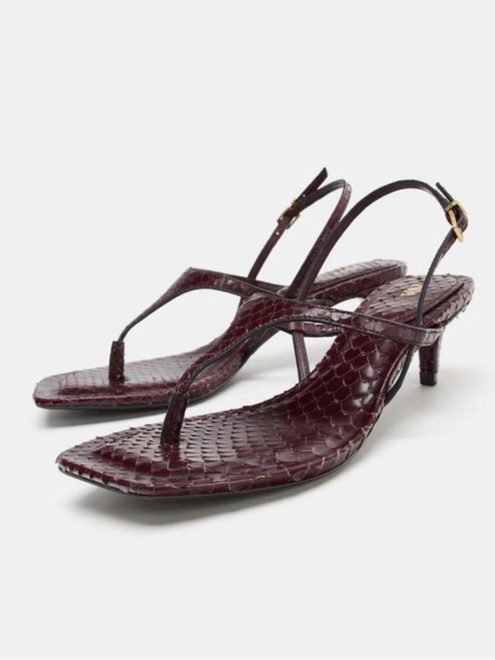 🔥🔥Zara Embossed leather Burgundy Slingback Thong Kitten Heel Sandals